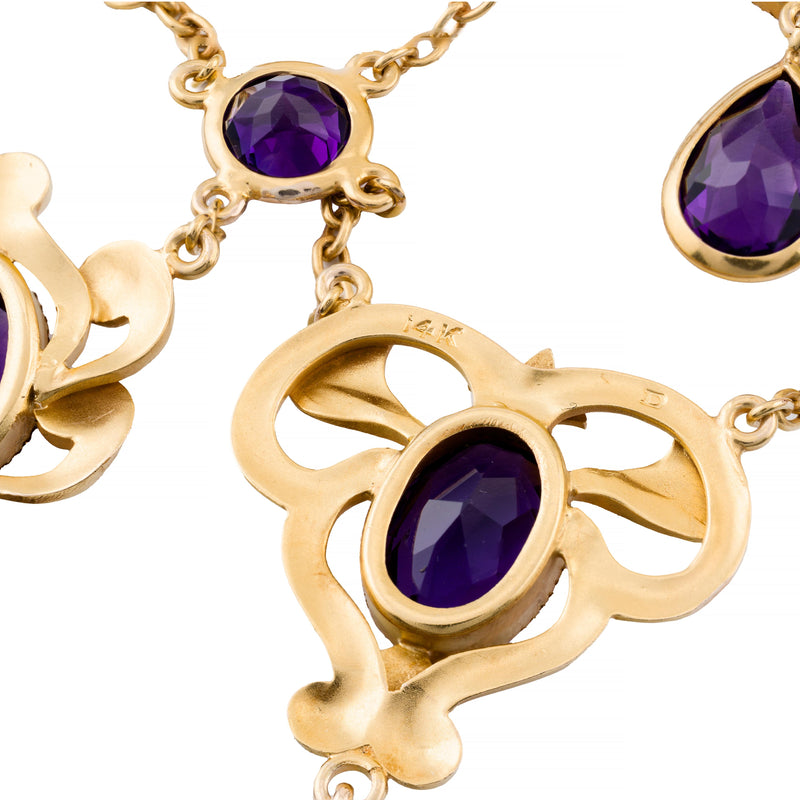 Art Nouveau Amethyst Festoon Necklace in 14 Karat Yellow Gold by Durand