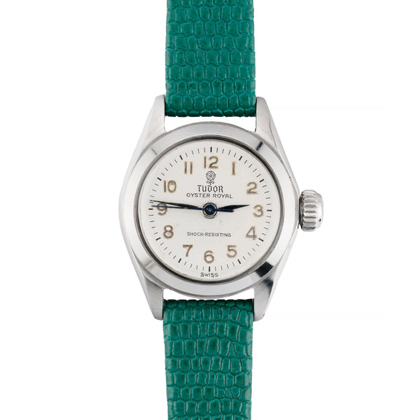 Rolex Tudor Vintage Stainless Steel Ladies Wrist Watch on Green Lizard Strap