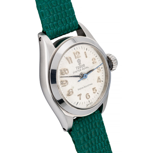 Rolex Tudor Vintage Stainless Steel Ladies Wrist Watch on Green Lizard Strap