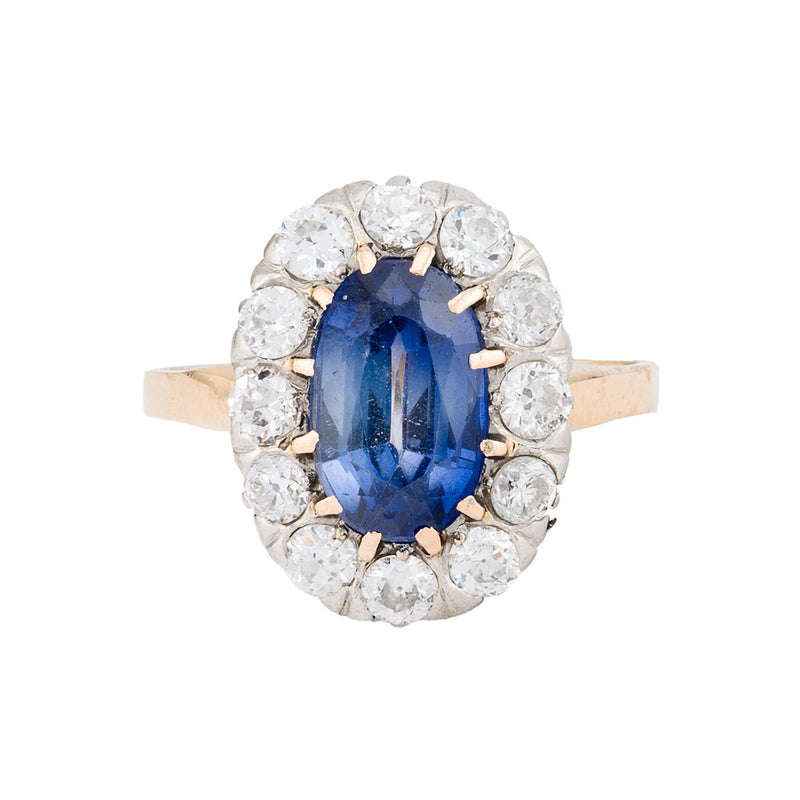 Victorian Ceylon Sapphire & Old Mine Cut Diamond Halo Ring in 14 Karat Yellow Go