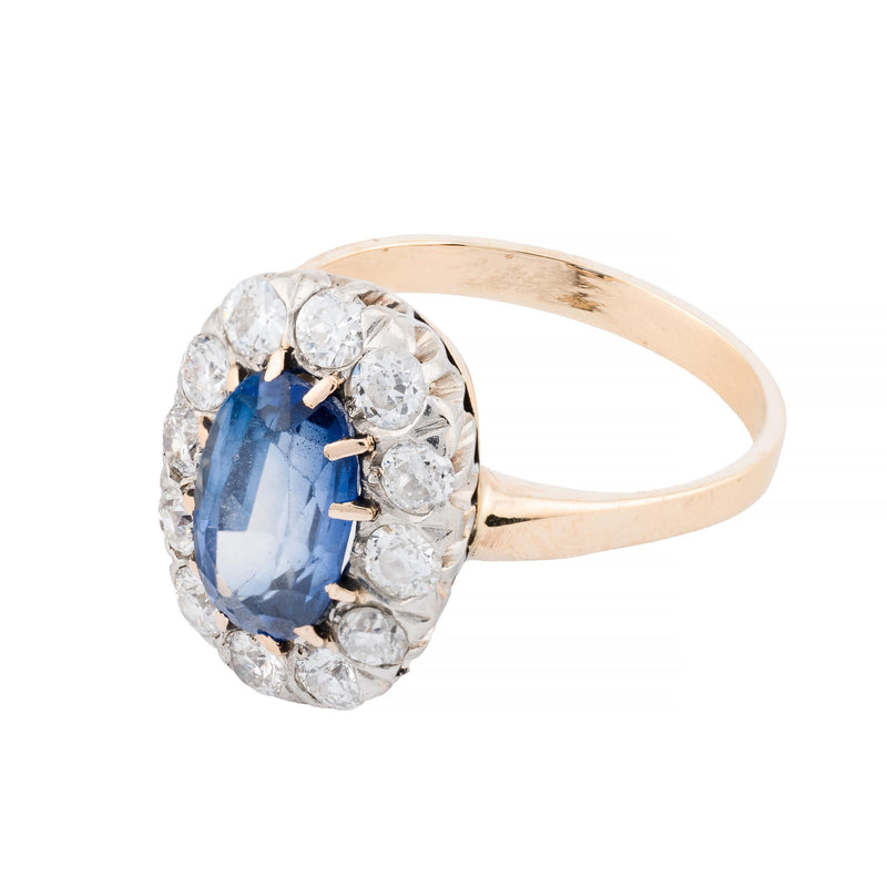 Victorian Ceylon Sapphire & Old Mine Cut Diamond Halo Ring in 14 Karat Yellow Go