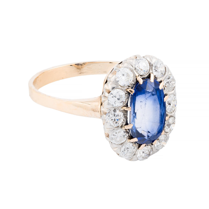 Victorian Ceylon Sapphire & Old Mine Cut Diamond Halo Ring in 14 Karat Yellow Go