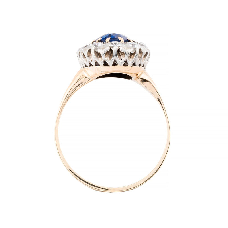 Victorian Ceylon Sapphire & Old Mine Cut Diamond Halo Ring in 14 Karat Yellow Go