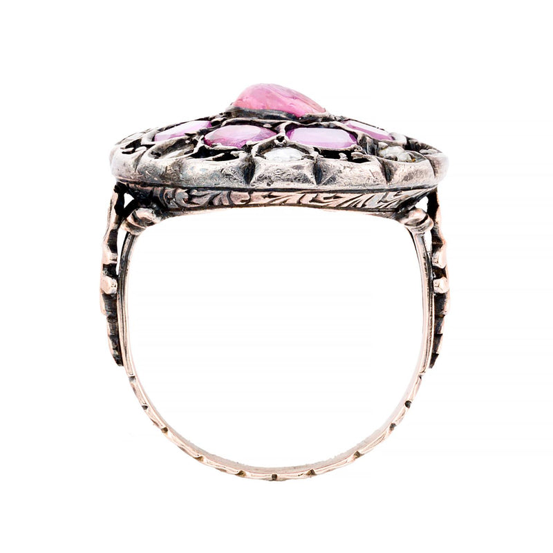 Victorian Pink Sapphire & Rose Cut Diamond Dreamcatcher Ring in 14K Yellow Gold