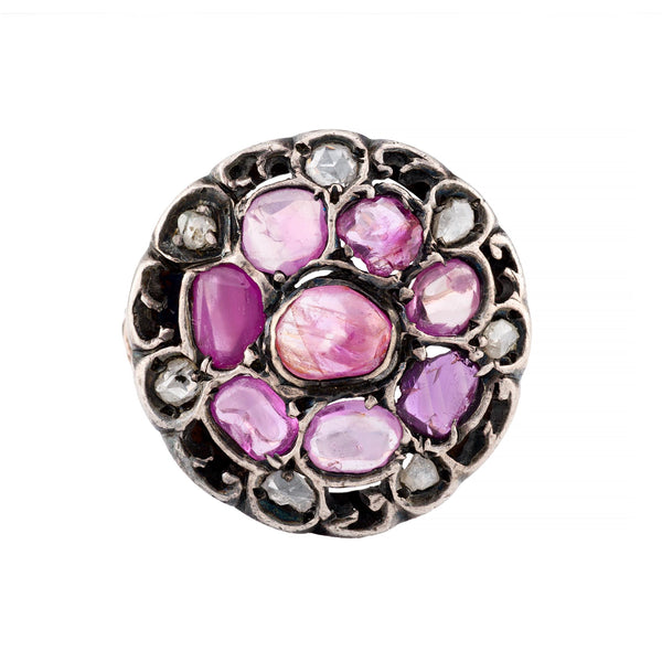 Victorian Pink Sapphire & Rose Cut Diamond Dreamcatcher Ring in 14K Yellow Gold