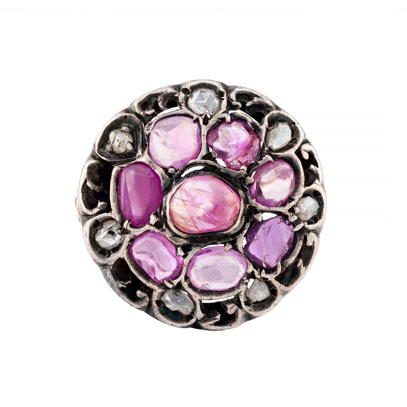 Victorian Pink Sapphire & Rose Cut Diamond Dreamcatcher Ring in 14K Yellow Gold
