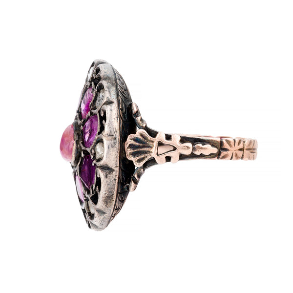 Victorian Pink Sapphire & Rose Cut Diamond Dreamcatcher Ring in 14K Yellow Gold
