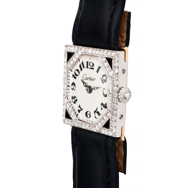 Cartier, Paris Art Deco 1920's Diamond & Onyx Wrist Watch in Platinum
