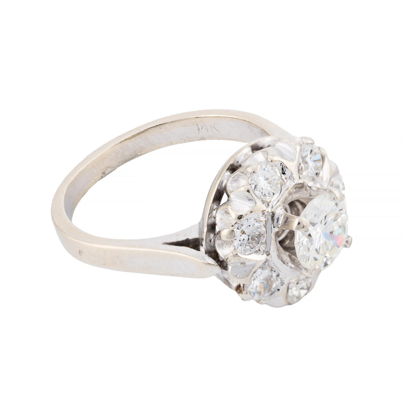 Art Deco 1.45Ctw Diamond Halo Style Engagement Ring in 14K White Gold