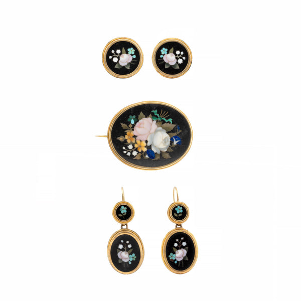 Exquisite Victorian Pietra Dura Floral Motif Suite with Brooch, Earrings, and Bu