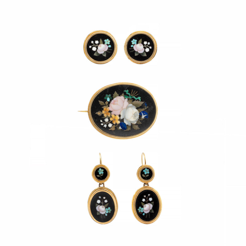 Exquisite Victorian Pietra Dura Floral Motif Suite with Brooch, Earrings, and Bu