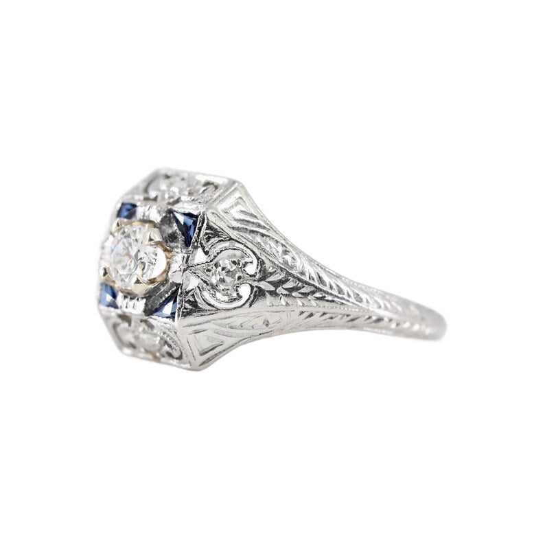 Charming Art Deco Diamond, & Sapphire Engagement Ring in Platinum Circa 1920's