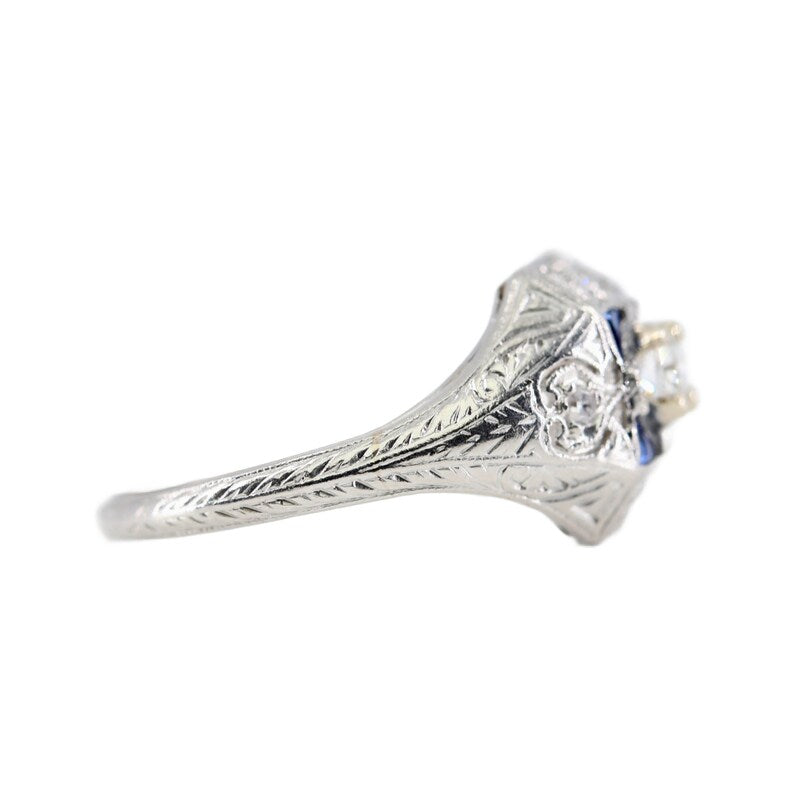 Charming Art Deco Diamond, & Sapphire Engagement Ring in Platinum Circa 1920's