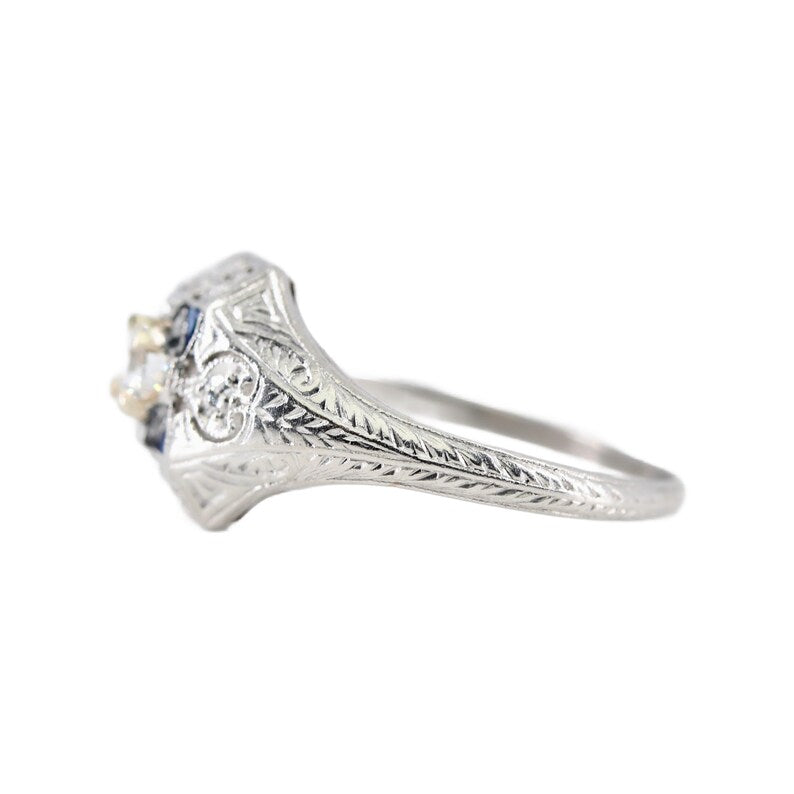 Charming Art Deco Diamond, & Sapphire Engagement Ring in Platinum Circa 1920's