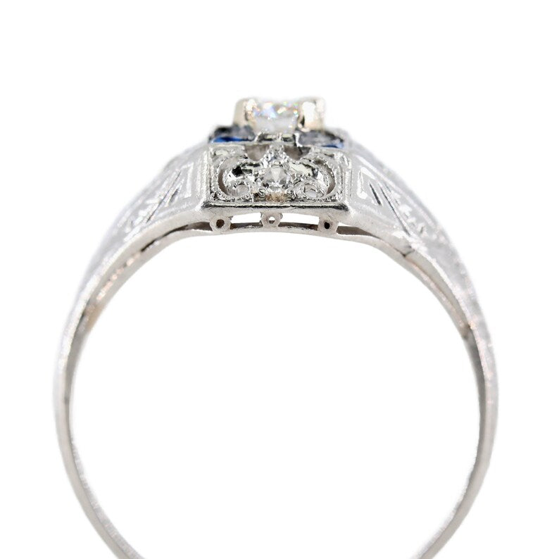 Charming Art Deco Diamond, & Sapphire Engagement Ring in Platinum Circa 1920's