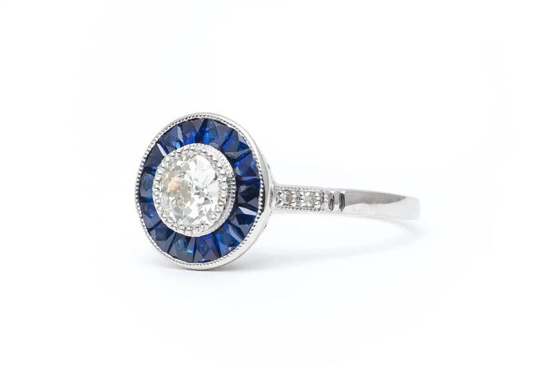 Art Deco Sapphire & Diamond Target Ring in Platinum