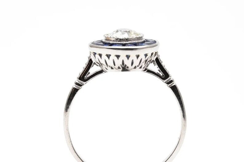 Art Deco Sapphire & Diamond Target Ring in Platinum