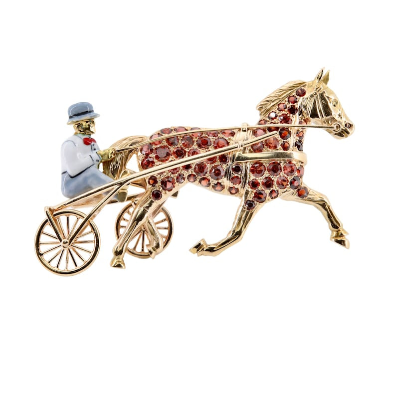 Edwardian Trotter Racing Horse & Jockey Enameled Brooch in 18 Karat Yellow Gold