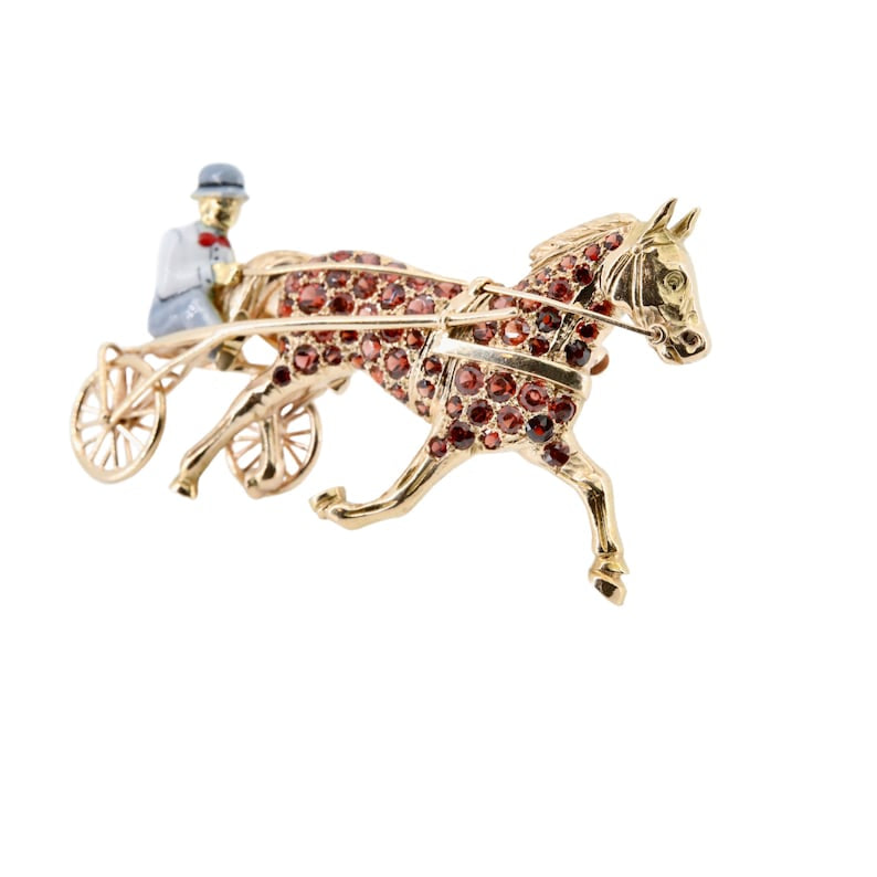 Edwardian Trotter Racing Horse & Jockey Enameled Brooch in 18 Karat Yellow Gold