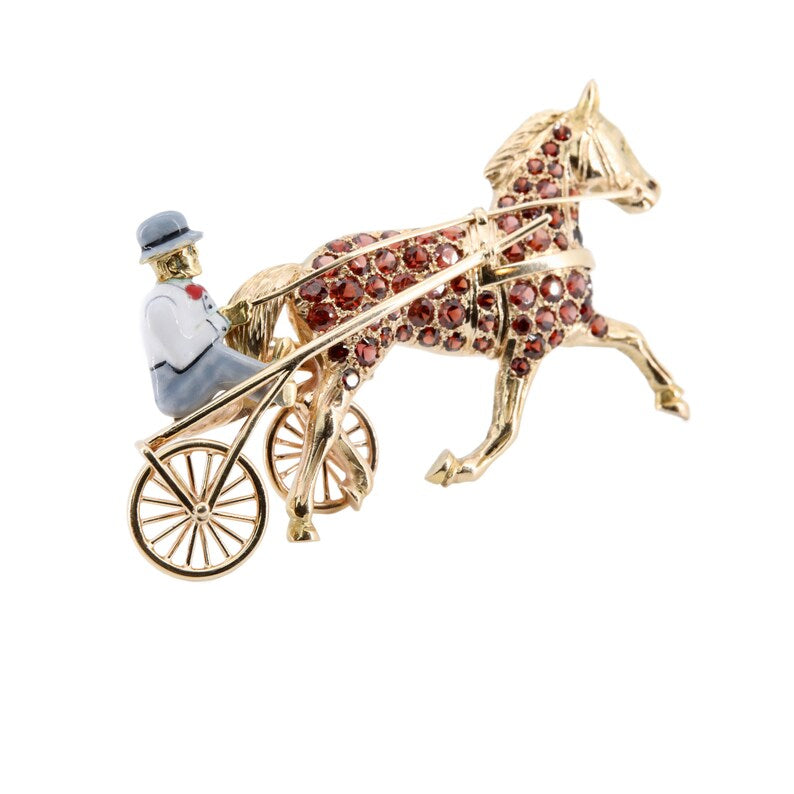 Edwardian Trotter Racing Horse & Jockey Enameled Brooch in 18 Karat Yellow Gold