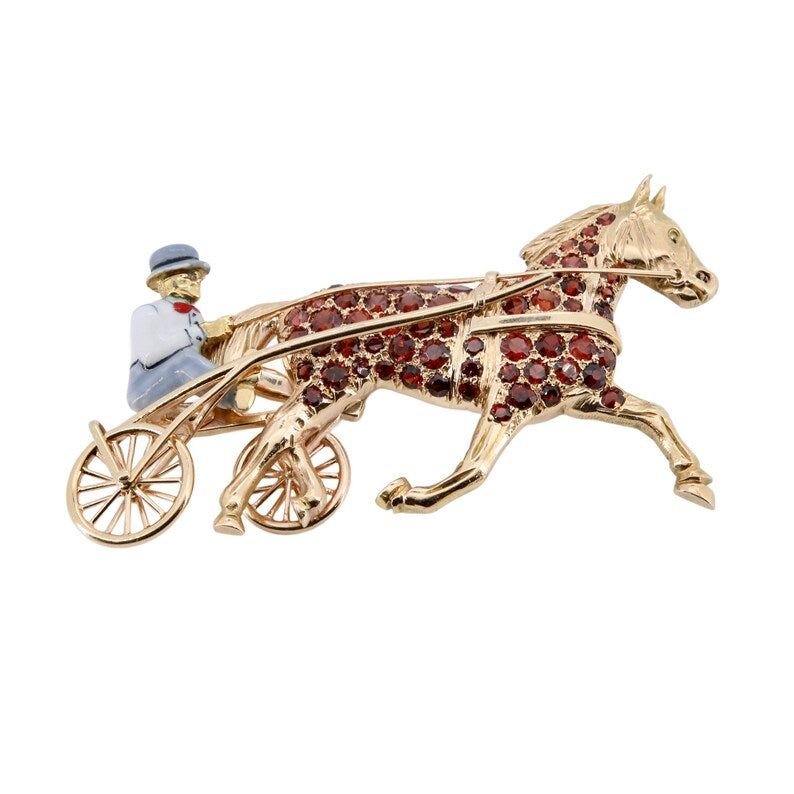 Edwardian Trotter Racing Horse & Jockey Enameled Brooch in 18 Karat Yellow Gold