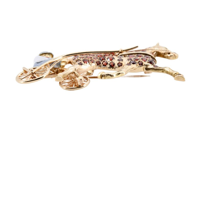 Edwardian Trotter Racing Horse & Jockey Enameled Brooch in 18 Karat Yellow Gold