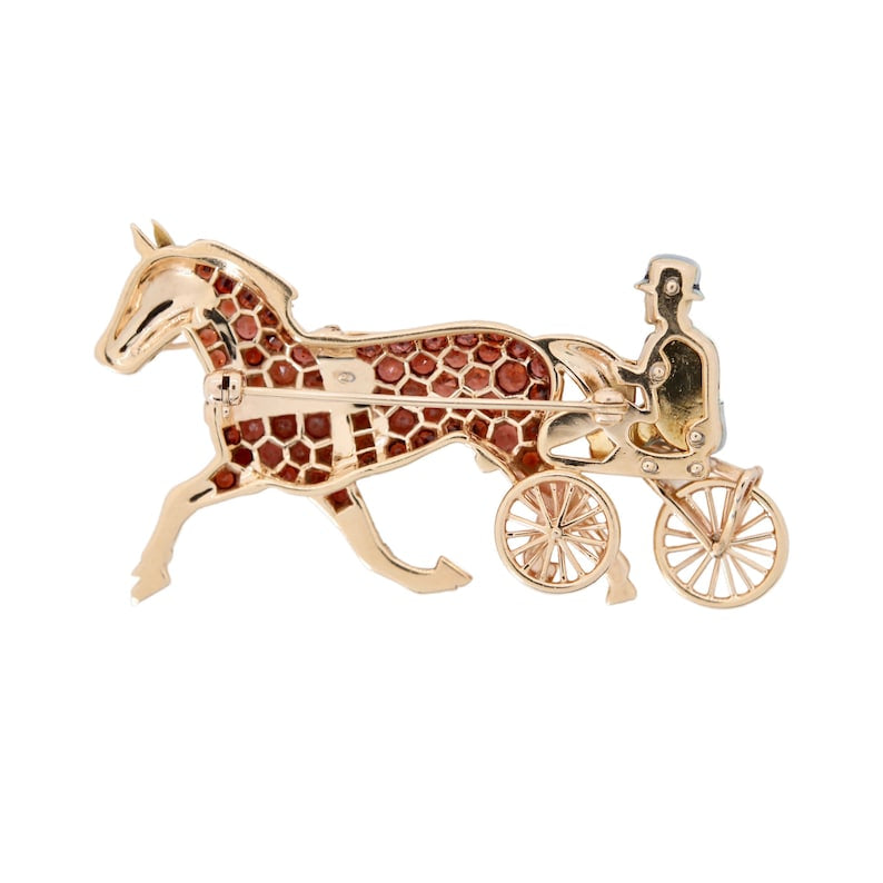 Edwardian Trotter Racing Horse & Jockey Enameled Brooch in 18 Karat Yellow Gold