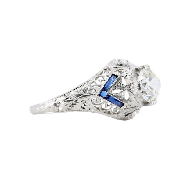 Art Deco 1.17 CTW Diamond & Sapphire Filigree Engagement Ring in Platinum