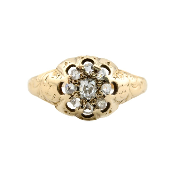 Victorian Old Mine and Rose Cut Diamond Cluster Ring in Yellow Gold Circa 1850's