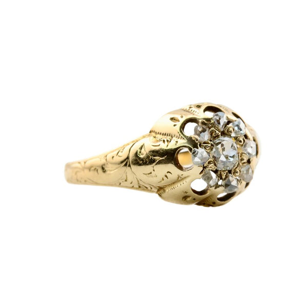 Victorian Old Mine and Rose Cut Diamond Cluster Ring in Yellow Gold Circa 1850's