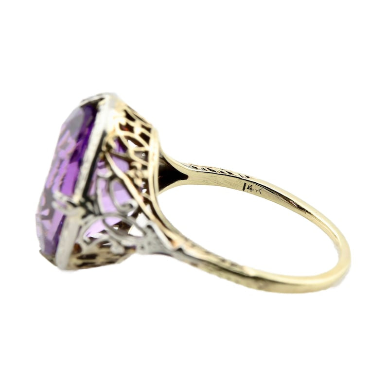 Art Deco Amethyst Solitaire Filigree Ring in Two Tone 14 Karat Gold