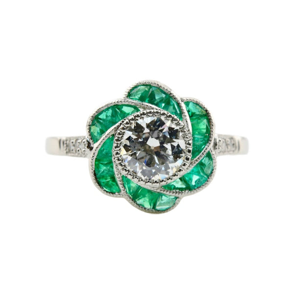 Floral Art Deco Old European Diamond & Emerald Engagement Ring in Platinum