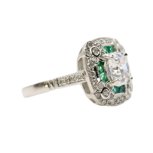 Art Deco Diamond & Emerald Floral Motif Engagement Ring in Platinum