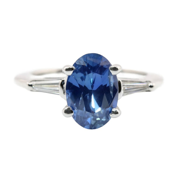 No Heat Ceylon Sapphire & Baguette Diamond Three Stone Ring in 14K White Gold