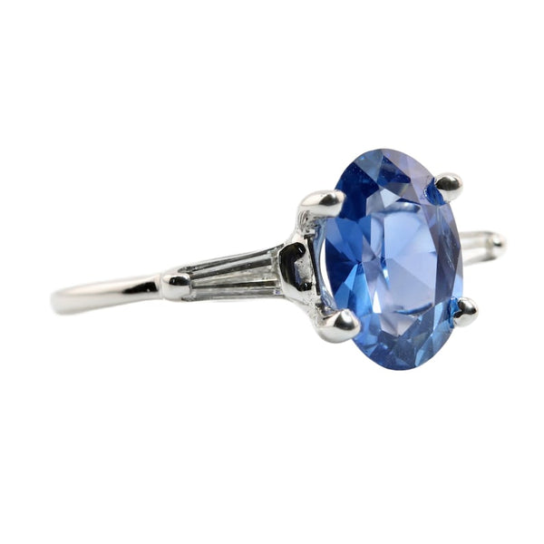 No Heat Ceylon Sapphire & Baguette Diamond Three Stone Ring in 14K White Gold