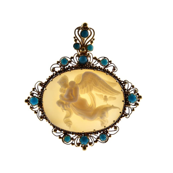 Victorian Nyx Goddess of Night and Precious Cargo Cameo & Turquoise Pendant Necklace