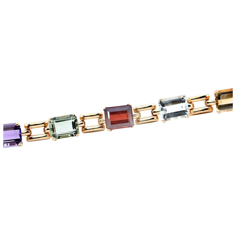 Mid Century Retro Aquamarine, Amethyst, Citrine, Topaz, & Garnet Bracelet in 18K Yellow Gold