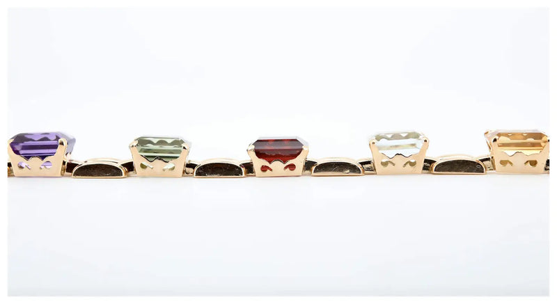 Mid Century Retro Aquamarine, Amethyst, Citrine, Topaz, & Garnet Bracelet in 18K Yellow Gold