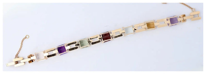 Mid Century Retro Aquamarine, Amethyst, Citrine, Topaz, & Garnet Bracelet in 18K Yellow Gold