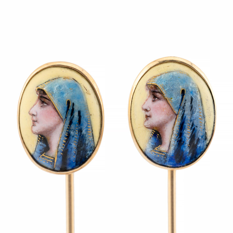 Pair of Virgin Mary Hand Painted Enamel Stick Pins in 14 Karat Yellow Gold