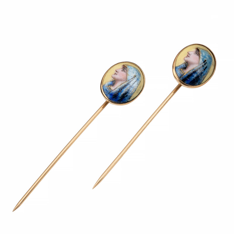 Pair of Virgin Mary Hand Painted Enamel Stick Pins in 14 Karat Yellow Gold
