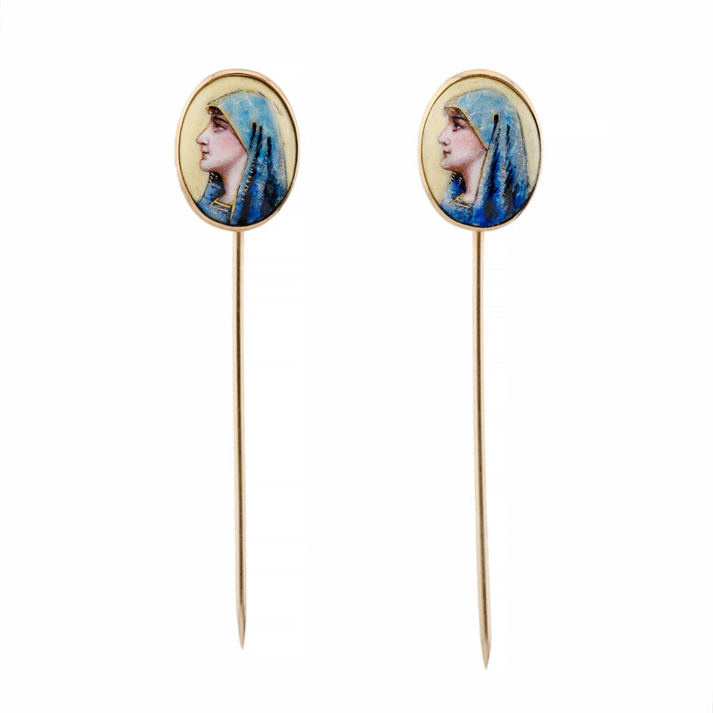 Pair of Virgin Mary Hand Painted Enamel Stick Pins in 14 Karat Yellow Gold