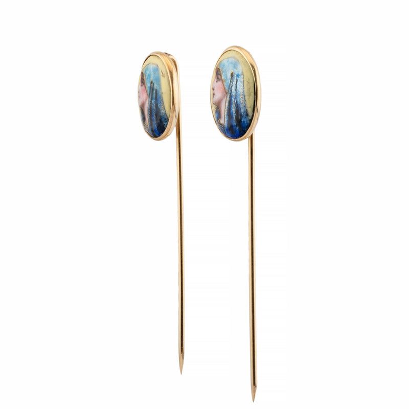 Pair of Virgin Mary Hand Painted Enamel Stick Pins in 14 Karat Yellow Gold