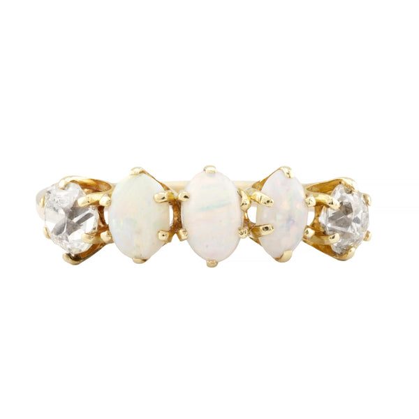 Victorian Five Stone Mine Cut Diamond & Opal Band Ring in 14K Yellow Gold