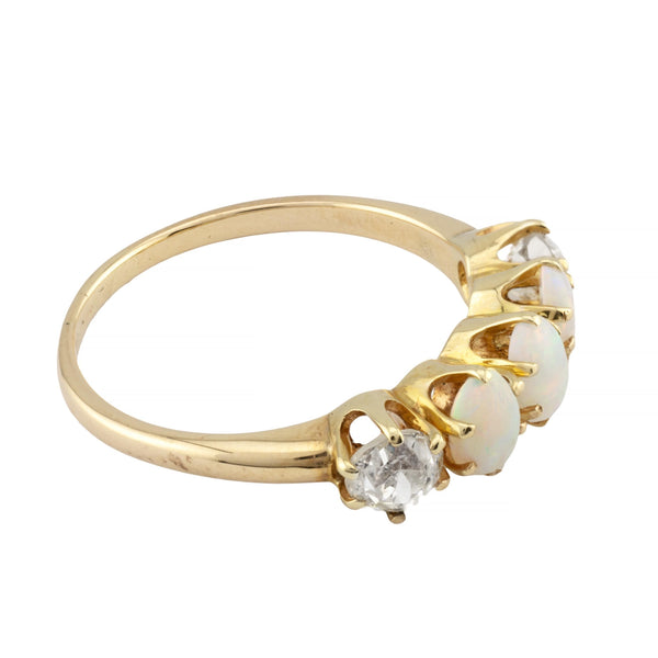 Victorian Five Stone Mine Cut Diamond & Opal Band Ring in 14K Yellow Gold