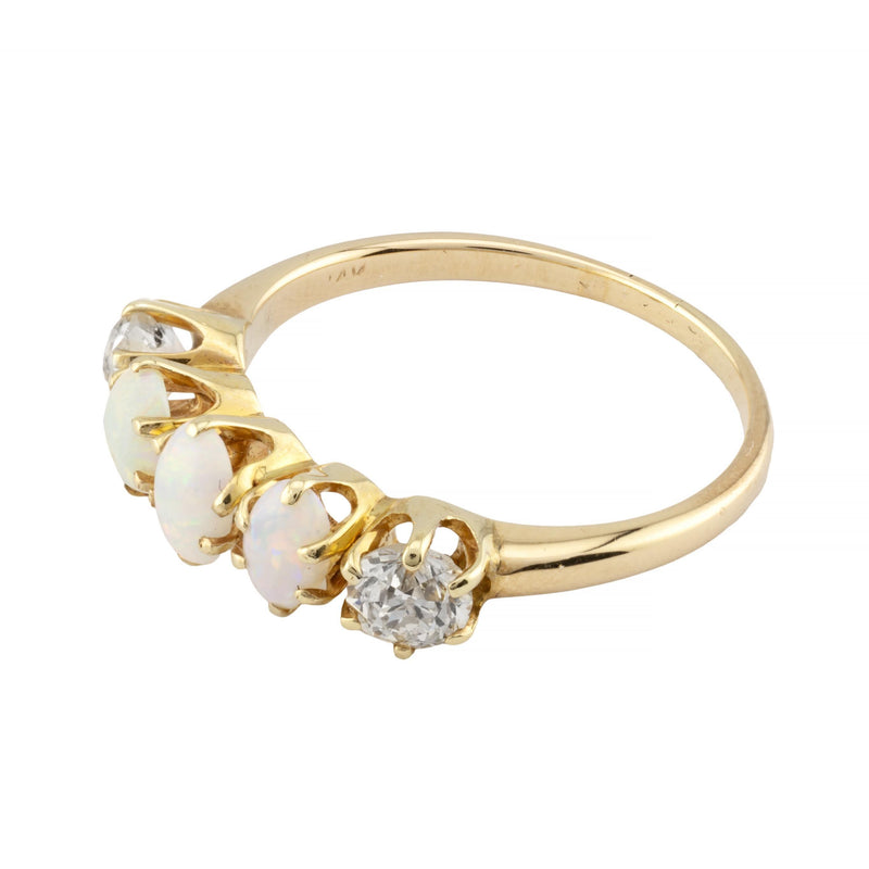 Victorian Five Stone Mine Cut Diamond & Opal Band Ring in 14K Yellow Gold