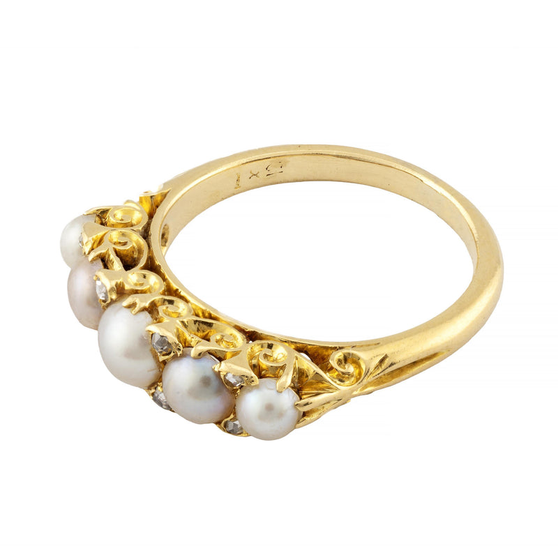 Victorian Natural Saltwater Pearl & Diamond Ring in 18K Yellow Gold