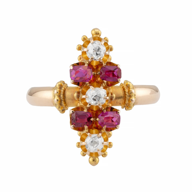 Victorian No Heat Burma Ruby & Diamond Cocktail Ring in 18K Yellow Gold
