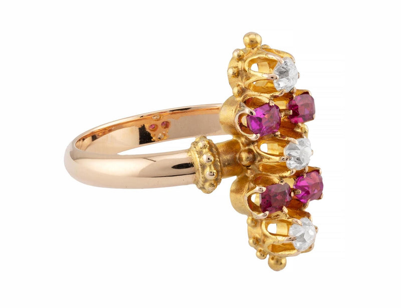 Victorian No Heat Burma Ruby & Diamond Cocktail Ring in 18K Yellow Gold