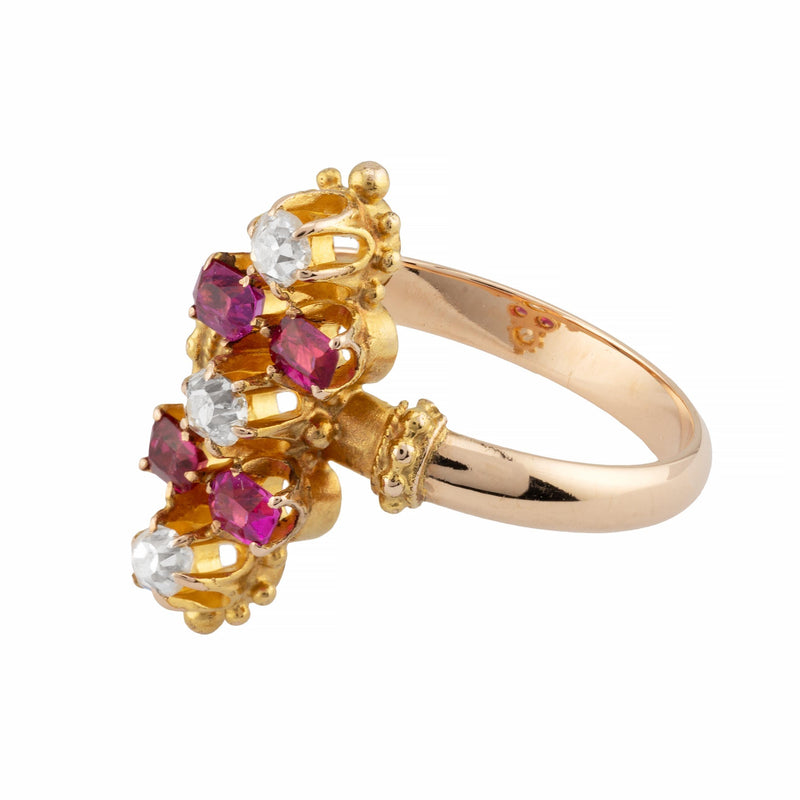Victorian No Heat Burma Ruby & Diamond Cocktail Ring in 18K Yellow Gold